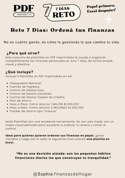 Plantillas de Finanzas PDF: "RETO 7 días: Ordená tus finanzas"