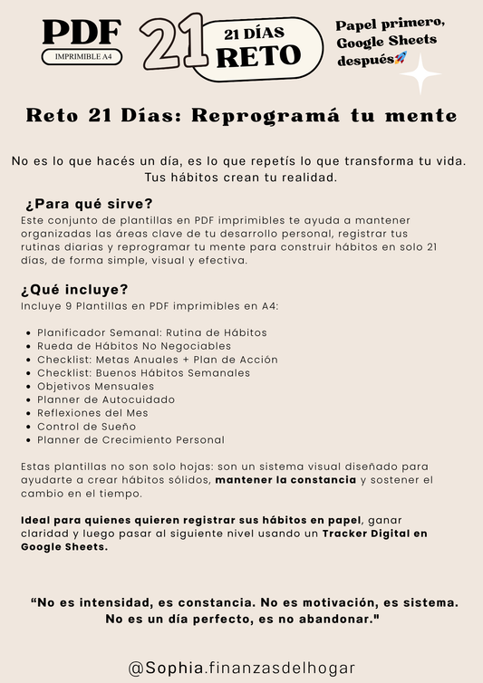 Plantillas de Hábitos PDF: "RETO 21 días: Reprogramá tu mente y tus hábitos"